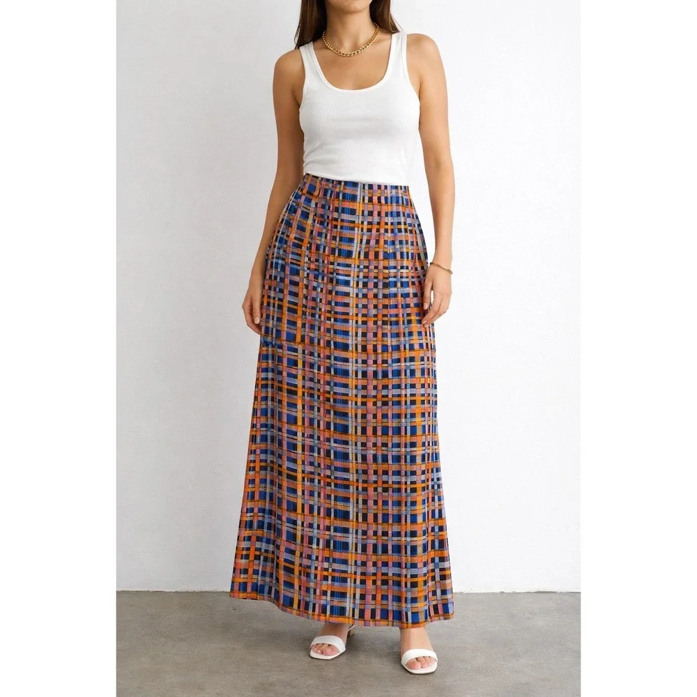 Vintage Express Rayon Basketweave Plaid Maxi Skirt Size 7/8 Juniors USA Womens S